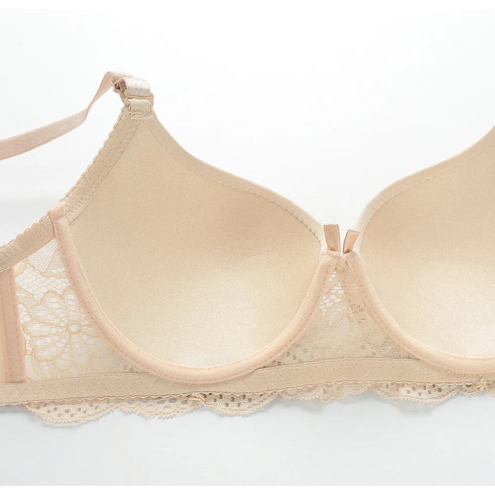 Underwire Women's Underwear Big Size: Lightly Padded Bra and Panty Set (Push-up Embroidery, Summer Thin Floral Support)