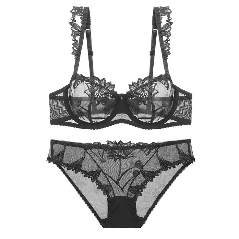 Women's Ultra-thin Underwear Set: Embroidery Gathering Lace Bra and Briefs Set