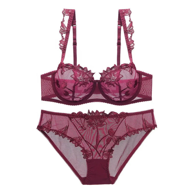 Women's Ultra-thin Underwear Set: Embroidery Gathering Lace Bra and Briefs Set