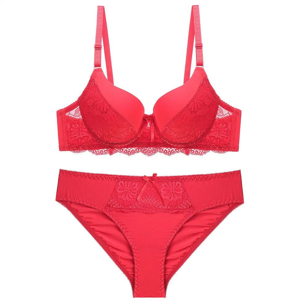 Underwire Women's Underwear Big Size: Lightly Padded Bra and Panty Set (Push-up Embroidery, Summer Thin Floral Support)