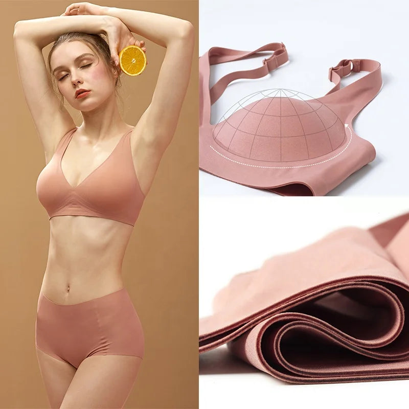 Push-up Wire-Free Ice Silk Sleep Jelly Bra and Brief Sets: Padded Bralette & Seamless Panties for Women