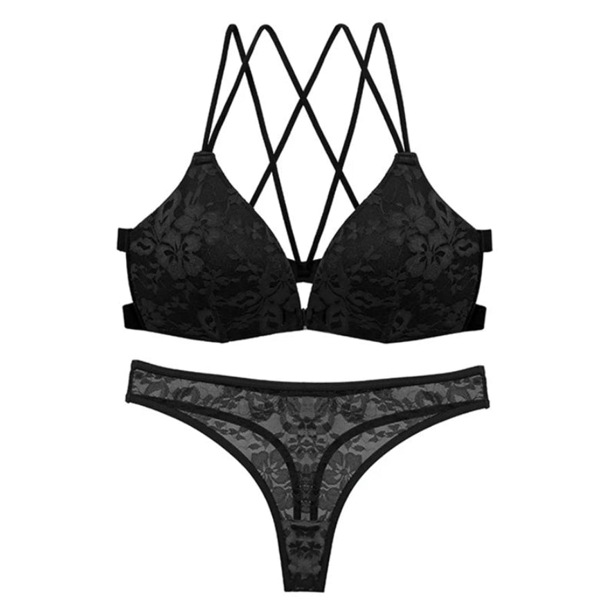Women's Lace and Cotton Underwear Set: Thong and Lacy Close-Fit Bra Set for Ladies