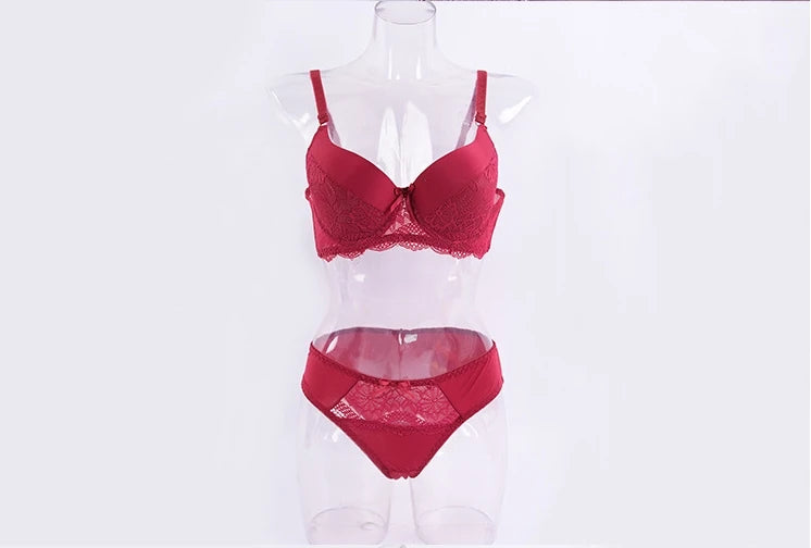 Underwire Women's Underwear Big Size: Lightly Padded Bra and Panty Set (Push-up Embroidery, Summer Thin Floral Support)
