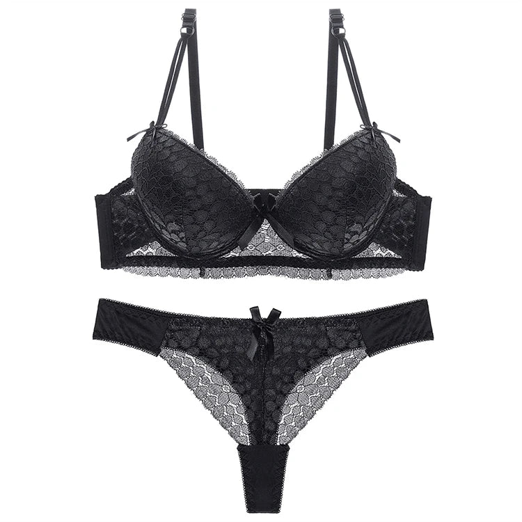 Women's Strapless Embroidered Underwear Set: Full Cup Lace Bra and Knickers (Large Size, Solid Pattern)