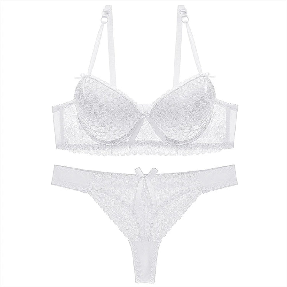 Women's Strapless Embroidered Underwear Set: Full Cup Lace Bra and Knickers (Large Size, Solid Pattern)