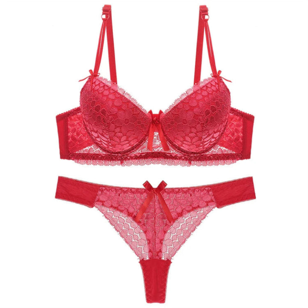 Women's Strapless Embroidered Underwear Set: Full Cup Lace Bra and Knickers (Large Size, Solid Pattern)