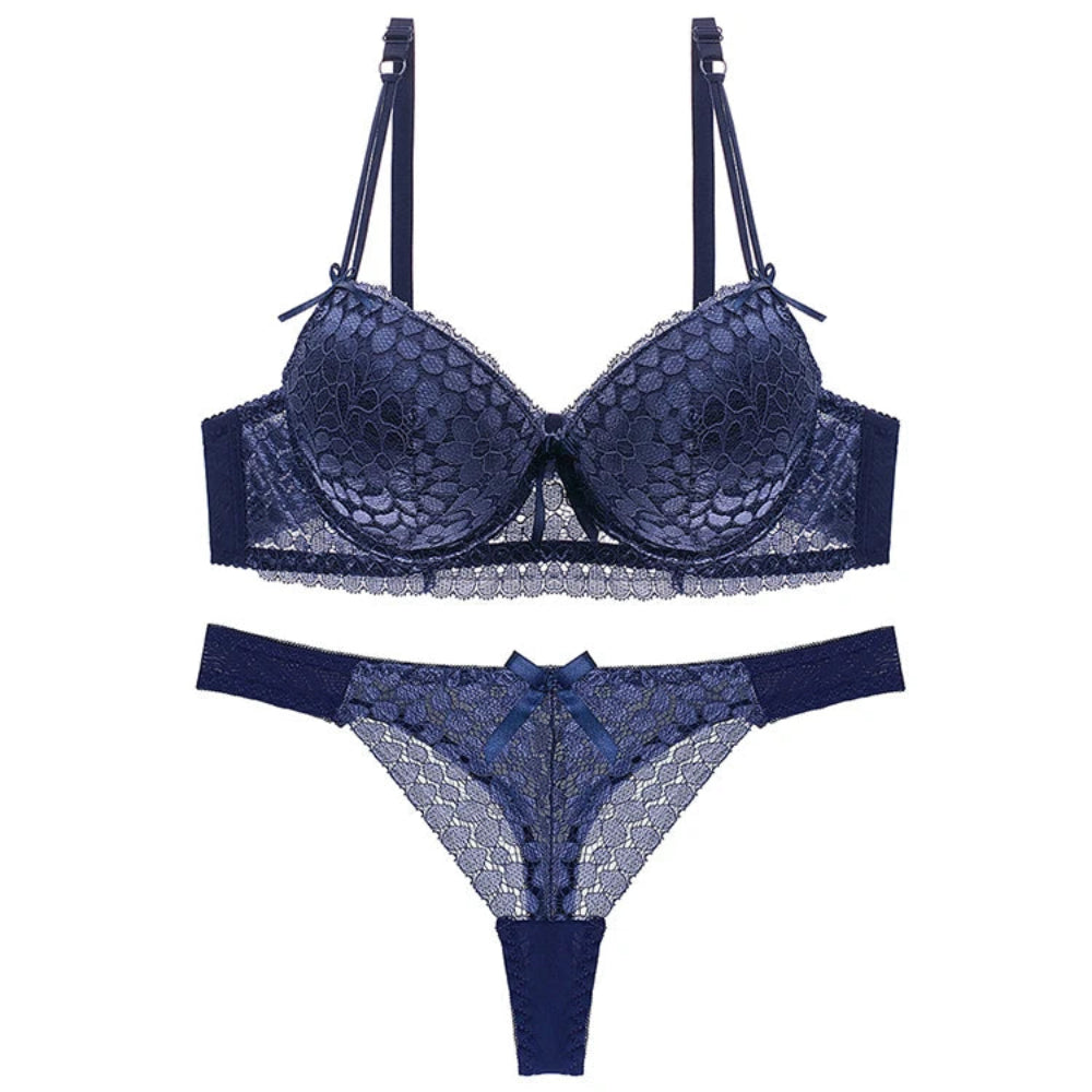 Women's Strapless Embroidered Underwear Set: Full Cup Lace Bra and Knickers (Large Size, Solid Pattern)