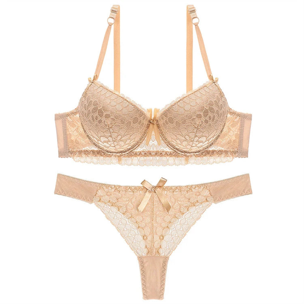 Women's Strapless Embroidered Underwear Set: Full Cup Lace Bra and Knickers (Large Size, Solid Pattern)