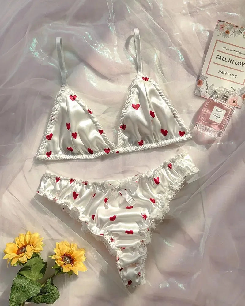 Women's Comfortable and Breathable Three-Point Love Bra and Panties Two-Piece Set