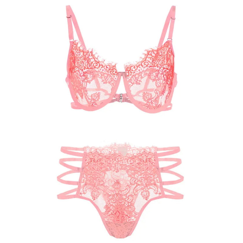 Women's Large-Size Embroidery Underwear Lace Set: Thin-Strapped Thongs and Low-Cut Bra (Eco-Friendly Materials)