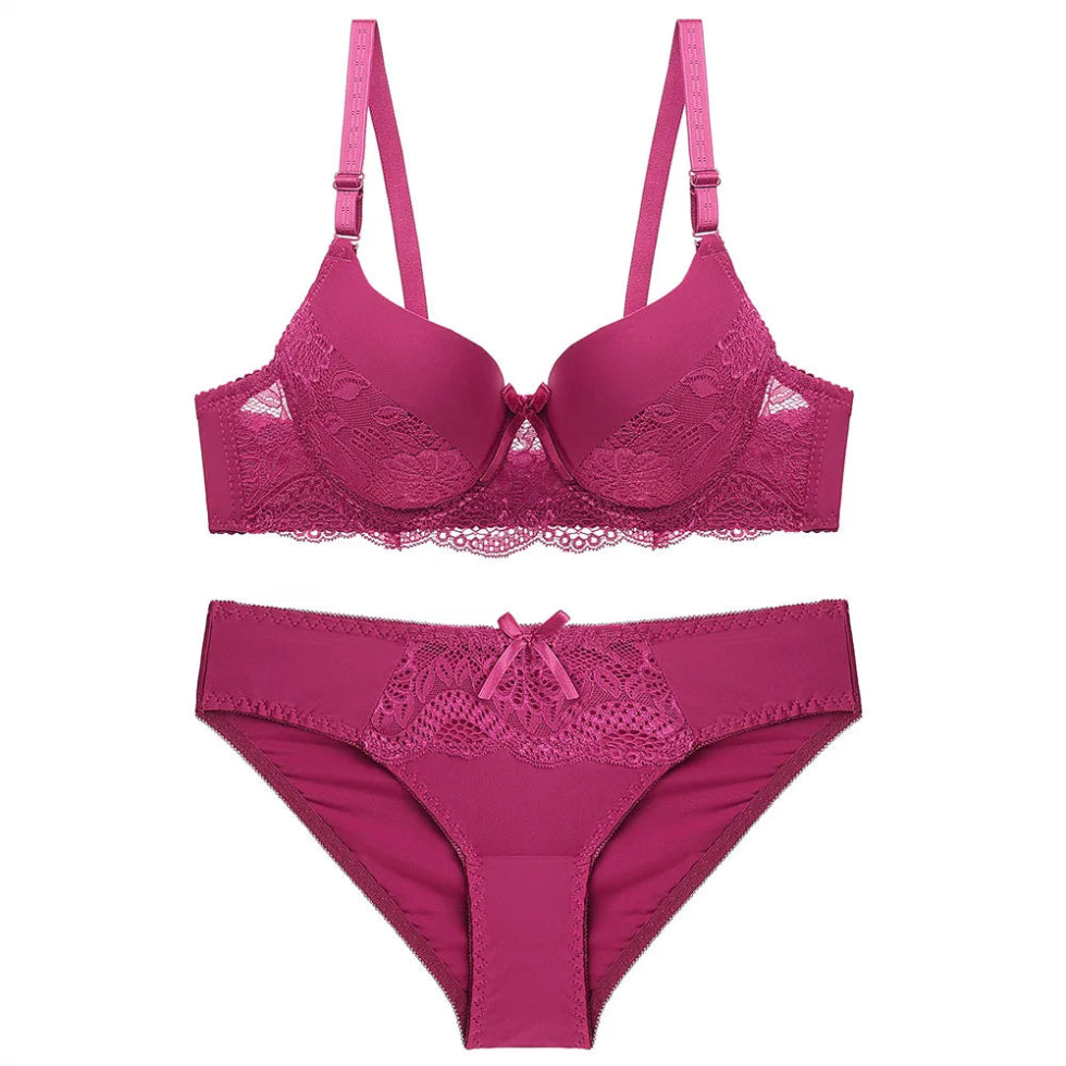 Underwire Women's Underwear Big Size: Lightly Padded Bra and Panty Set (Push-up Embroidery, Summer Thin Floral Support)